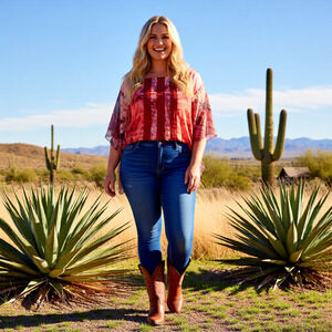 One World live and let live hippie Boho 2 piece Orange flowy Top M